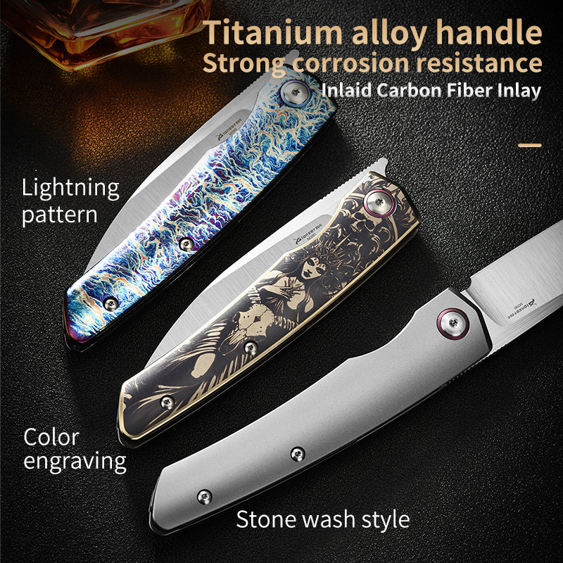 PioneerEDC Titanium Fold Knife M390 Folding Camping Knife Steel Handle Knife Titanium Frame Lock Knife Outdoor Tactical Knife