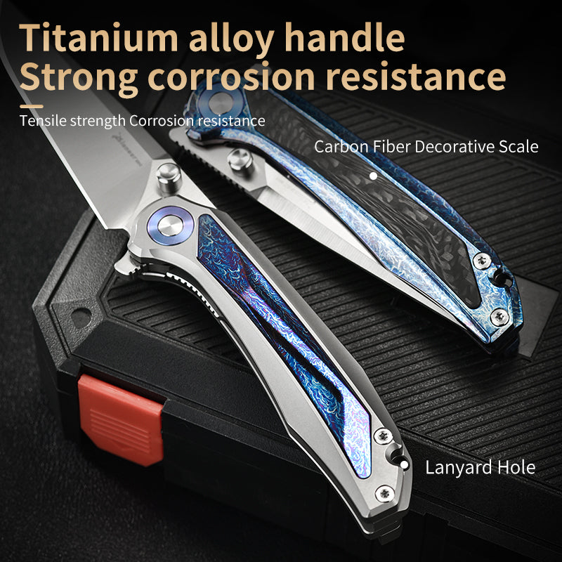 PioneerEDC Titanium Alloy Pocket Knife D2 Blade Outdoor Camping Folding Self Defense Multifunctional Cutting Tool
