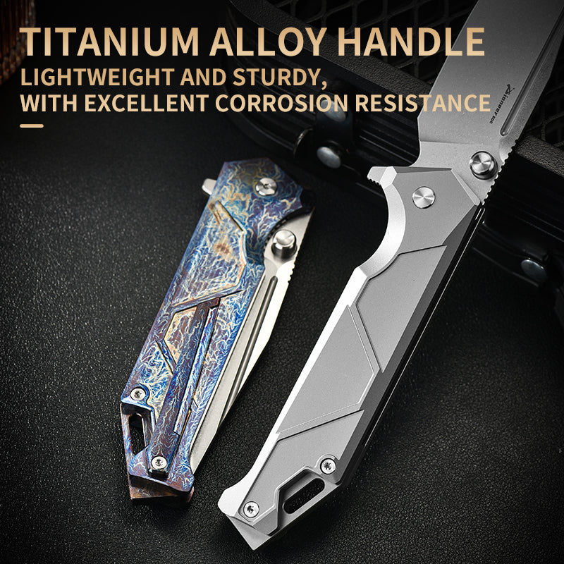 PioneerEDC Titanium Camping Stainless Pocket Knife Premium Folding Knife Plain Edge Self-Defense D2 Steel Folding Knife for Man