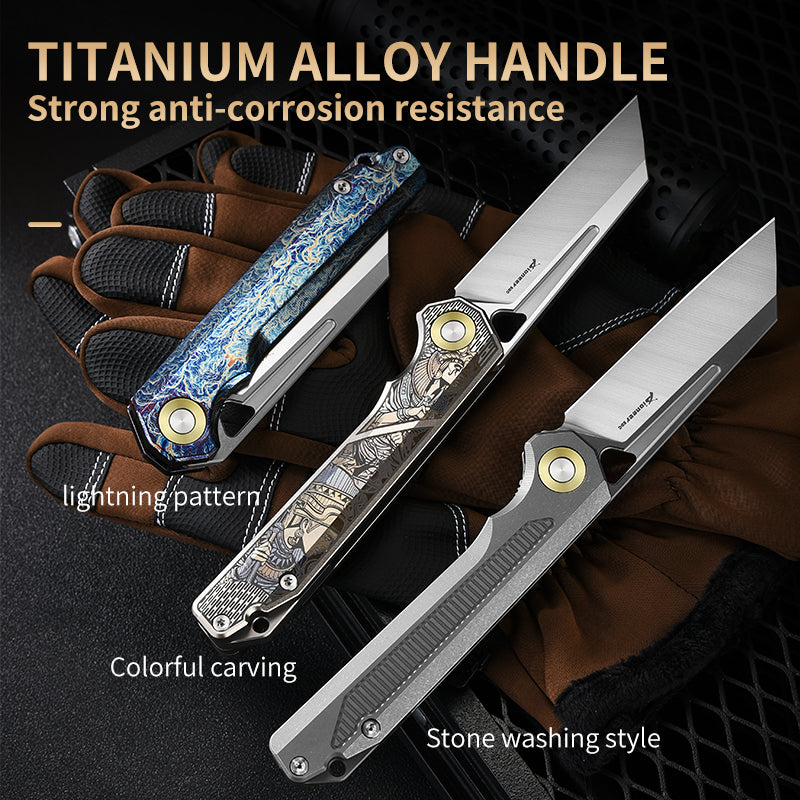 PioneerEDC 2026 Original Design Titanium Pocket Knife Straight Back Titanium Edc Folding Knife D2 Premium Titanium Blue Knife