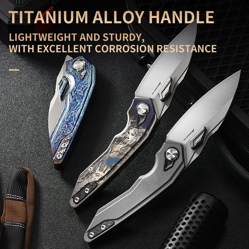 PioneerEDC Titanium Alloy Folding Knife-D2 Steel Blade, Box Cutter Utility Knife for Camping, Hiking & Everyday Carry