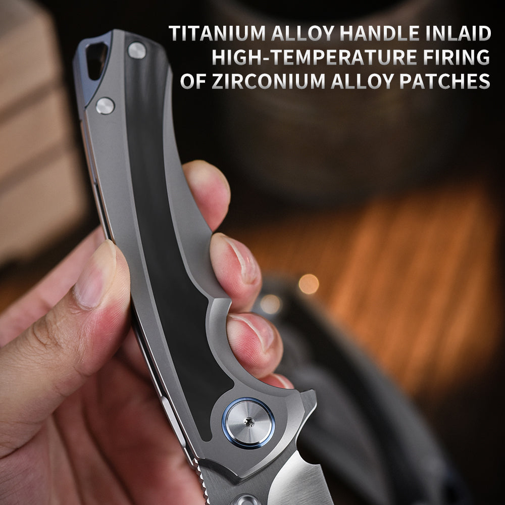 PioneerEDC Titanium Folding Knife Handmade Framelock Titanium Handle Knife Elmax Flipper Knife Titanium with Zirconium Patch