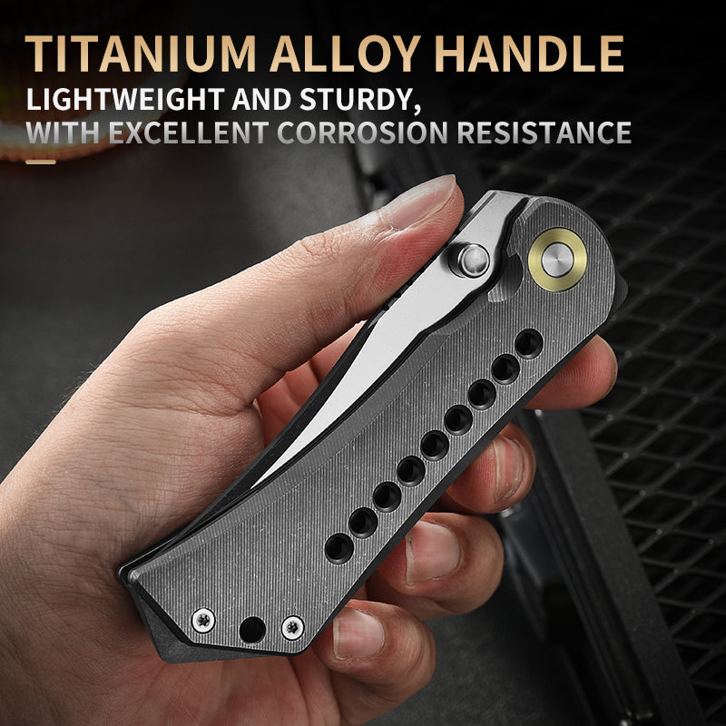 PioneerEDC Titanium Alloy Folding Knife Outdoor Multifunctional Cutting D2 Pocket Knife Plain Edge Knife for Self Defense