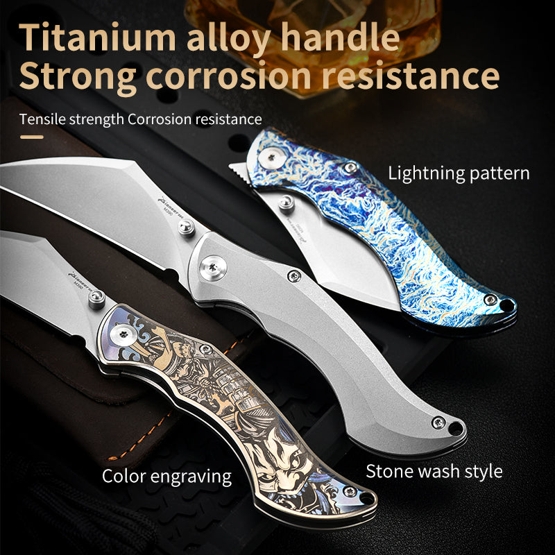 PioneerEDC Titanium Alloy M390 Folding Knife Color-Engraved Portable Outdoor Small Knife Stainless Steel Survival Knife