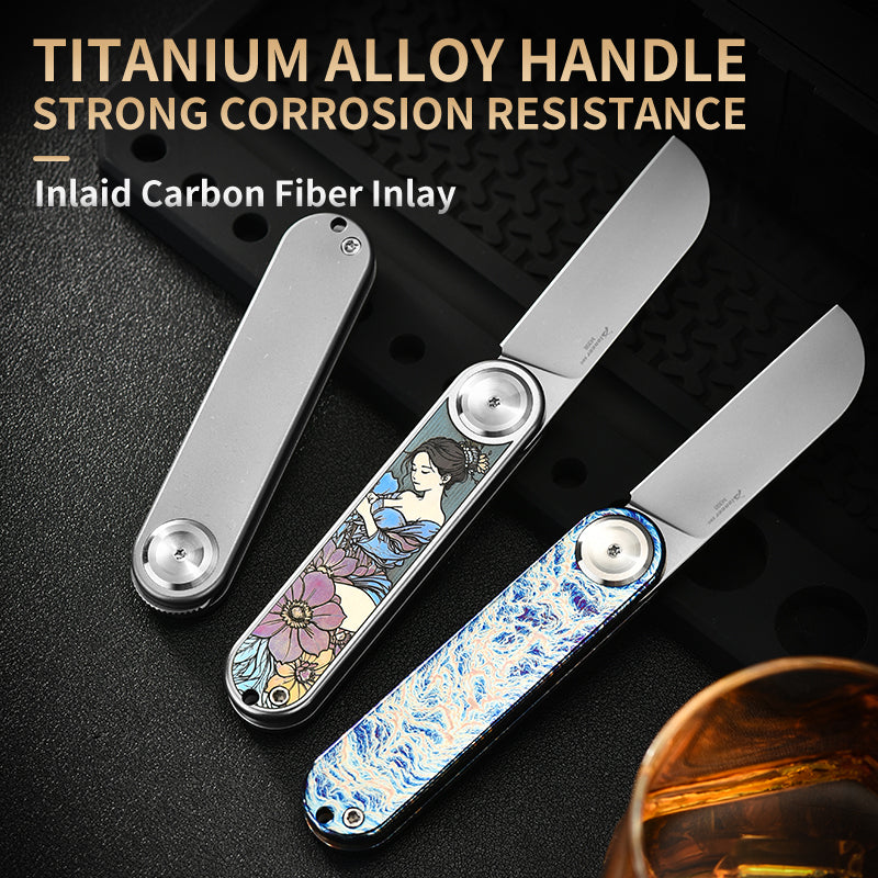 PioneerEDC Titanium Alloy Pocket Knife M390 Blade Folding Knife Pattern Colorful Titanium Carving Pattern Tactical Knife