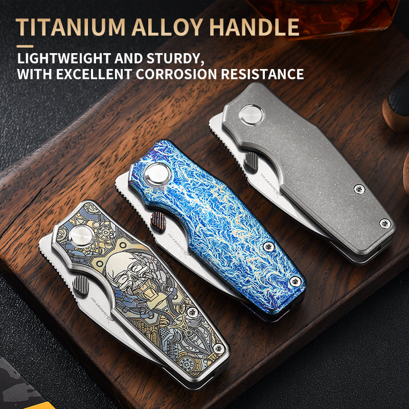 PioneerEDC TC4 Titanium Alloy Camping Folding Knife with D2 Clip Point Blade Small Tactical Pocket Knife