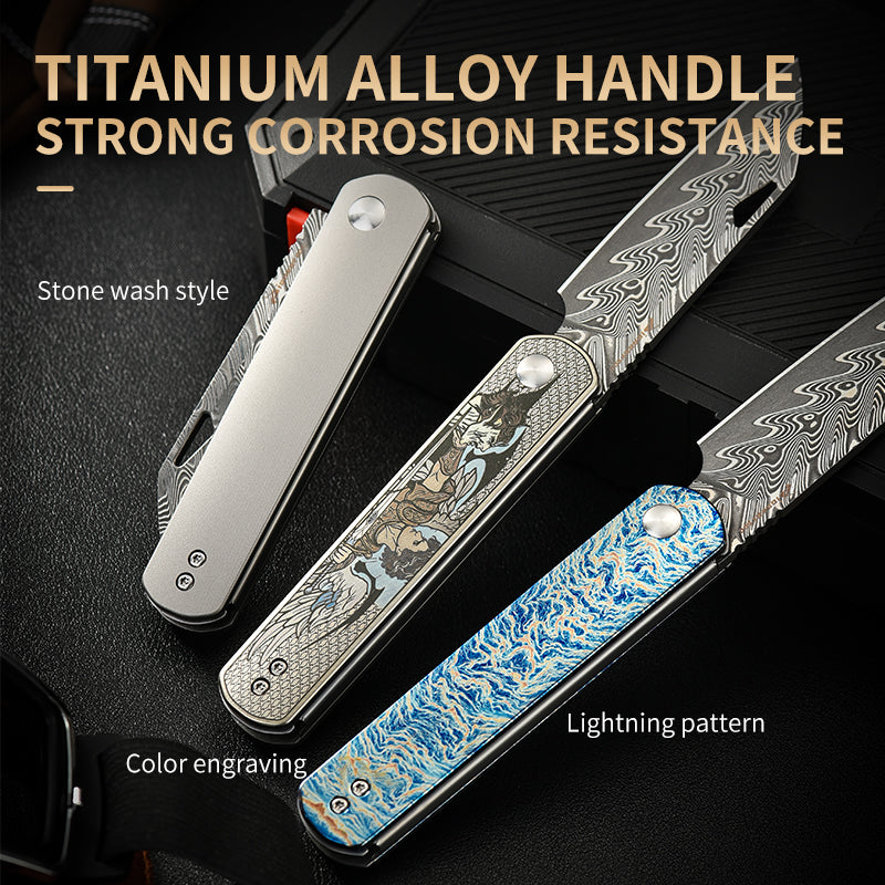 PioneerEDC Folding Knife TC4 Titanium Alloy Damascus Steel Knife Colorful Carving Portable Outdoor Folding Titanium Knives China
