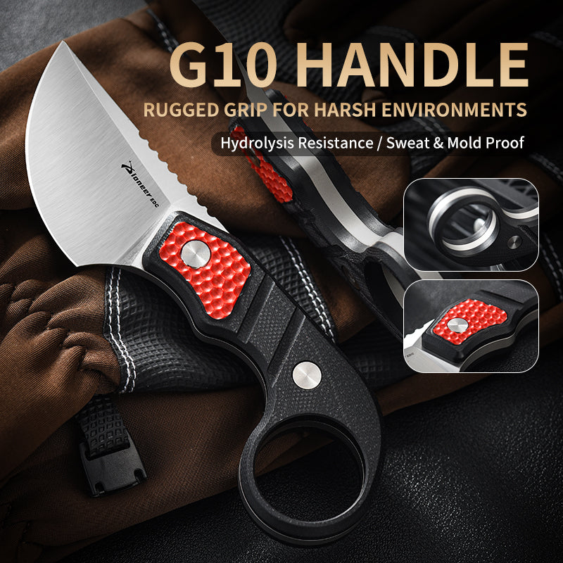 PioneerEDC Ringed Small Pocket Knife Fixed Blade Custom logo Knife 14C28N Steel Blade G10 Handle Self Defense Fixe Blade Knife