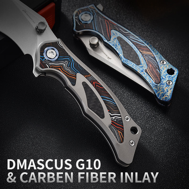 PioneerEDC Luxury Damascus G10 Patten Titanium Pocket Knife Hand Forged Finish Blade Titanium Tactical Knife for Camping
