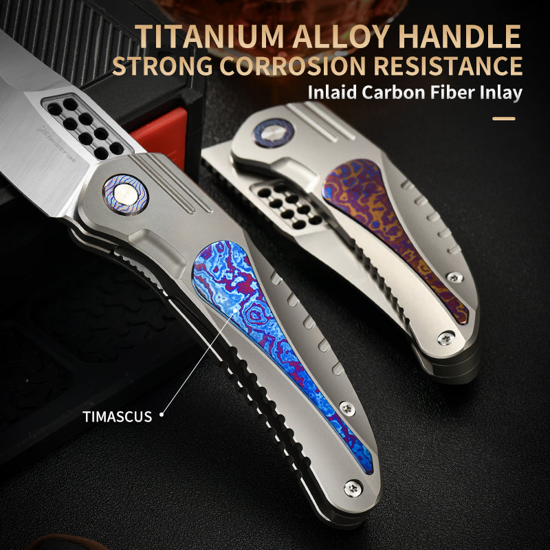 PioneerEDC DIY Titanium Fold Knife M390 Damascus Titanium Handle Outdoor Tactical EDC Pocket Knife