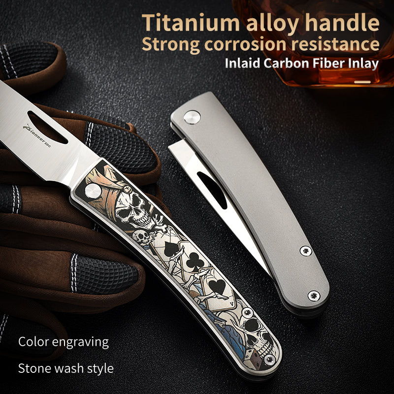 PioneerEDC Hand-Engraved titanium pocket knife M390 Blade camping folding knife outdoor portable edc collection tool for play