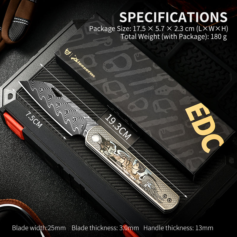 PioneerEDC Folding Knife TC4 Titanium Alloy Damascus Steel Knife Colorful Carving Portable Outdoor Folding Titanium Knives China