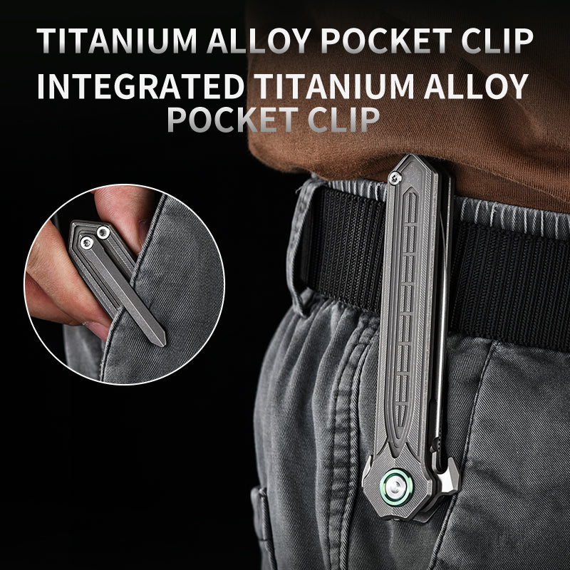 PioneerEDC Tactical Titanium Folding Knife-D2 Steel Blade Stone Wash EDC Pocket Knife 3-Year Warranty