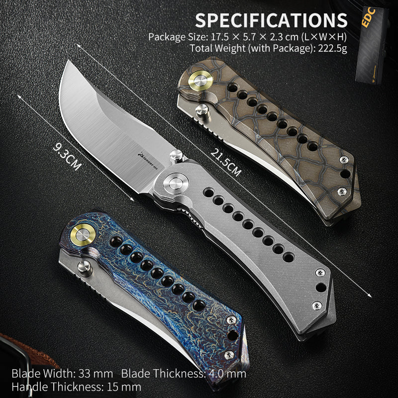 PioneerEDC Titanium Alloy Folding Knife Outdoor Multifunctional Cutting D2 Pocket Knife Plain Edge Knife for Self Defense
