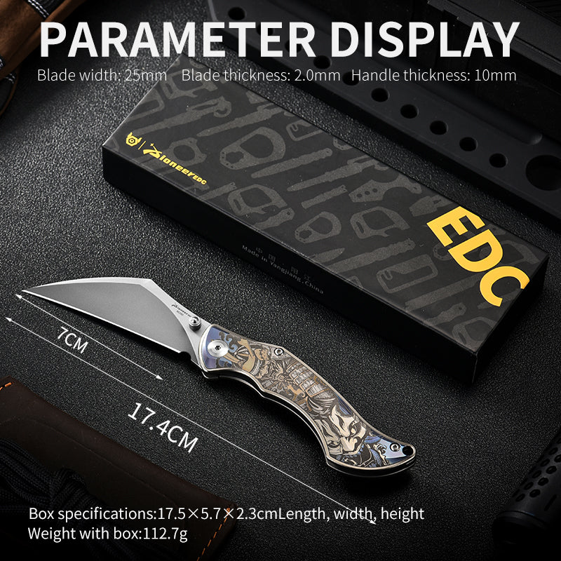 PioneerEDC Titanium Alloy M390 Folding Knife Color-Engraved Portable Outdoor Small Knife Stainless Steel Survival Knife