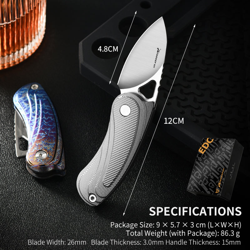 PioneerEDC Tactical Titanium Folding Knife-14C28N Steel Blade Portable Survival Knife for Camping Adventure Self-Defense