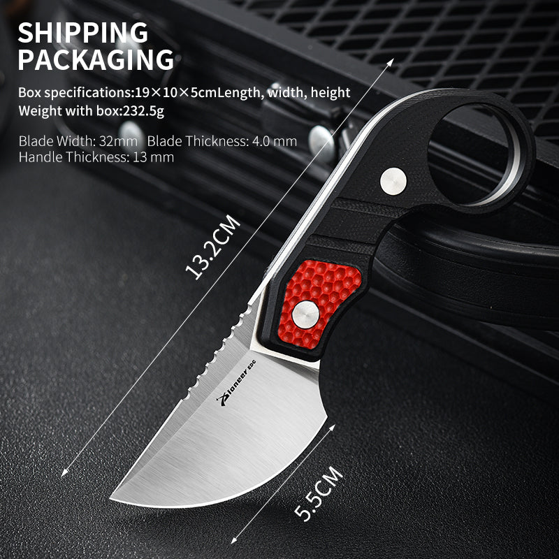 PioneerEDC Ringed Small Pocket Knife Fixed Blade Custom logo Knife 14C28N Steel Blade G10 Handle Self Defense Fixe Blade Knife