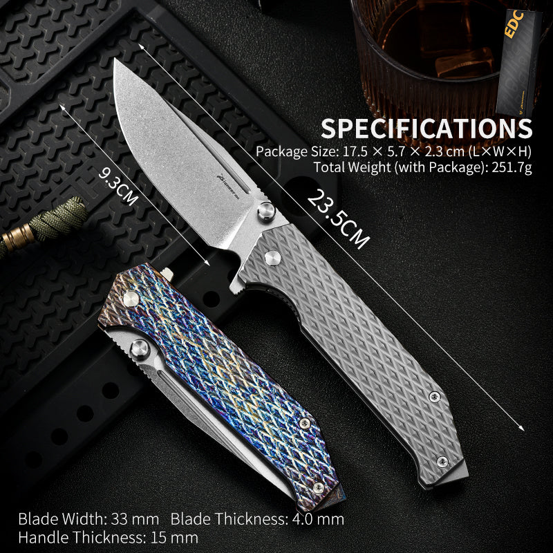 PioneerEDC Titanium Alloy Pocket Knives Folding Knife D2 Steel Blade Multi-Functional Camping Outdoor Self-Defense Knife
