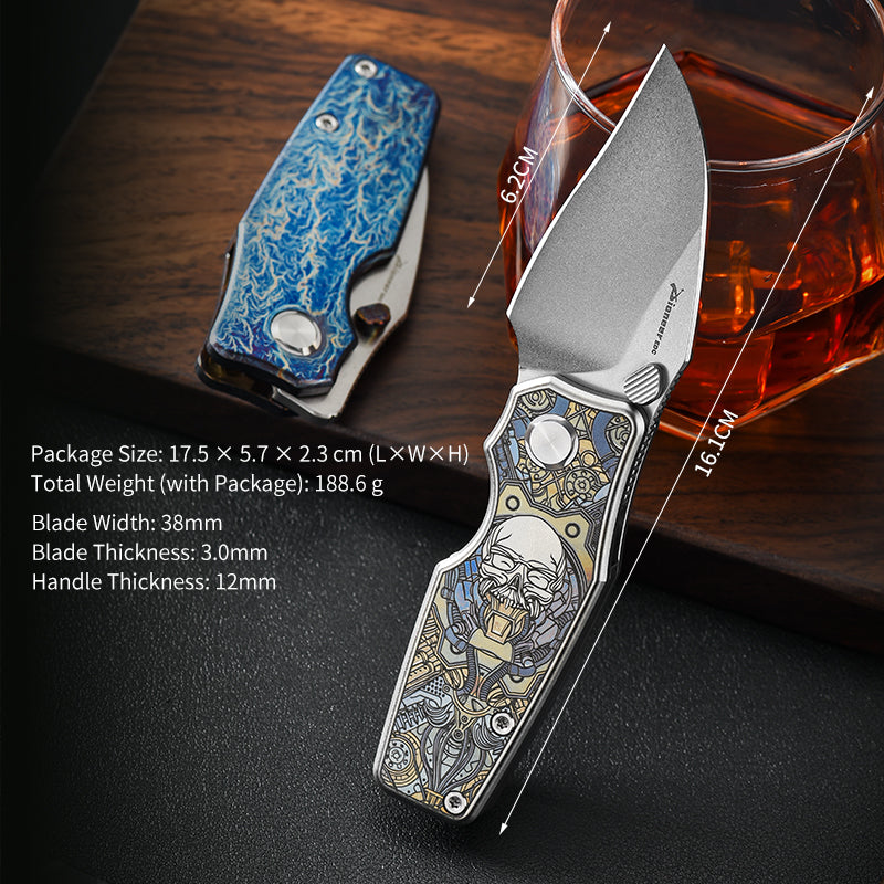 PioneerEDC TC4 Titanium Alloy Camping Folding Knife with D2 Clip Point Blade Small Tactical Pocket Knife