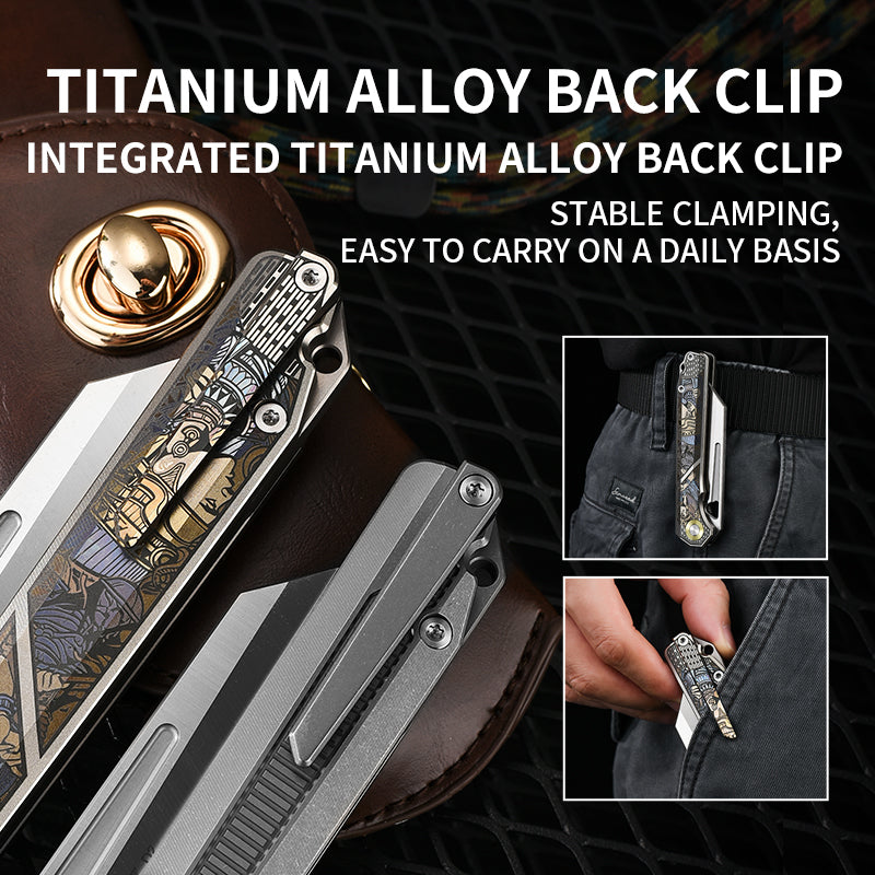 PioneerEDC 2026 Original Design Titanium Pocket Knife Straight Back Titanium Edc Folding Knife D2 Premium Titanium Blue Knife