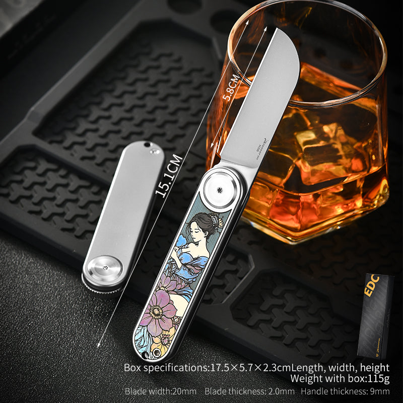 PioneerEDC Titanium Alloy Pocket Knife M390 Blade Folding Knife Pattern Colorful Titanium Carving Pattern Tactical Knife
