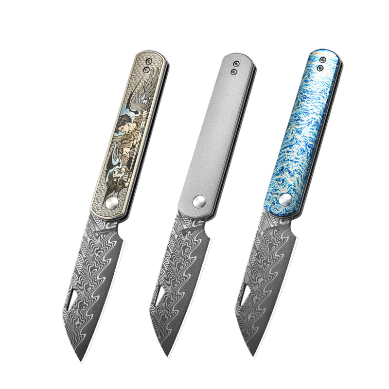 PioneerEDC Folding Knife TC4 Titanium Alloy Damascus Steel Knife Colorful Carving Portable Outdoor Folding Titanium Knives China