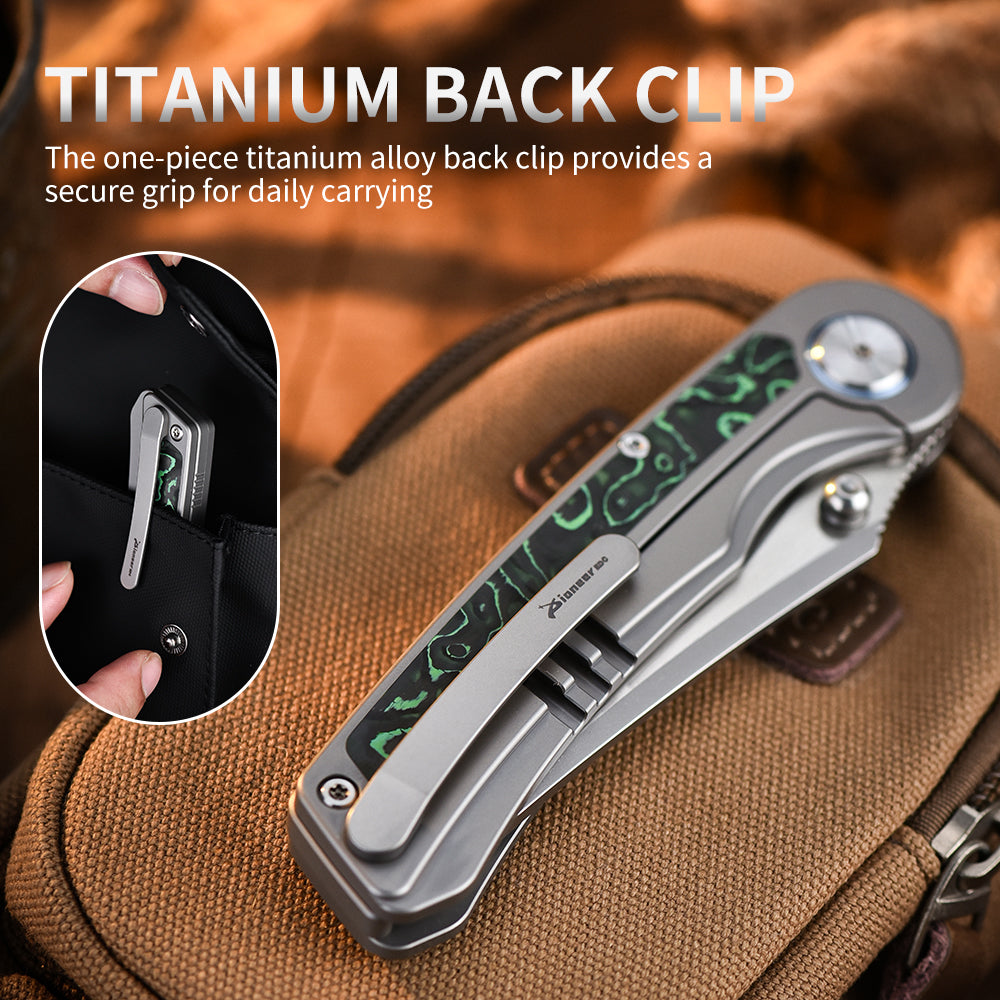 PioneerEDC S90V Blade Titanium Carbon Fiber Folding Knife EDC Pocket Knife Framelock Titanium Handle Knife for Outdoor Use
