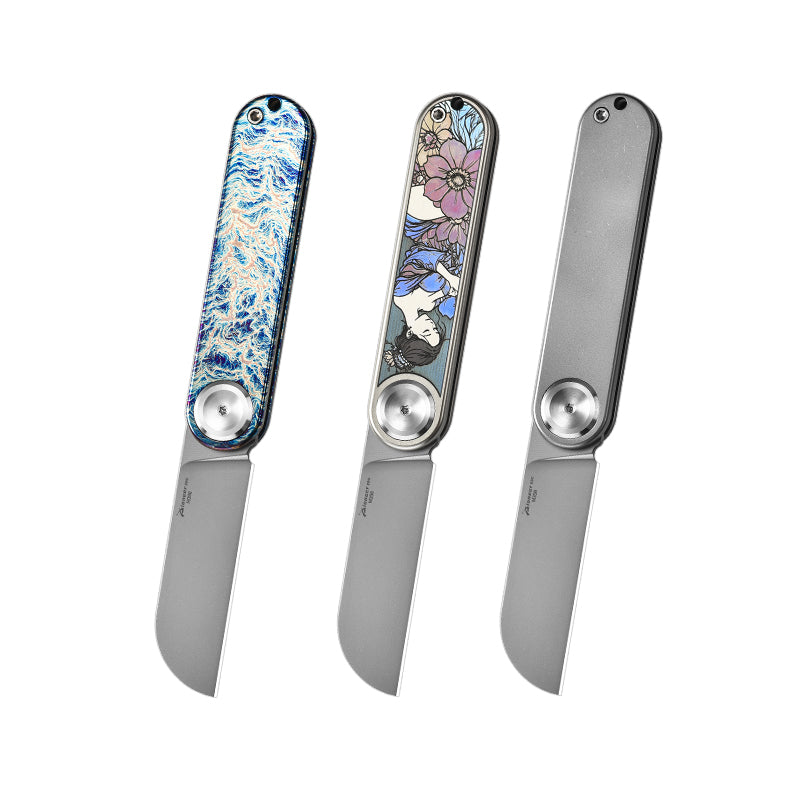 PioneerEDC Titanium Alloy Pocket Knife M390 Blade Folding Knife Pattern Colorful Titanium Carving Pattern Tactical Knife