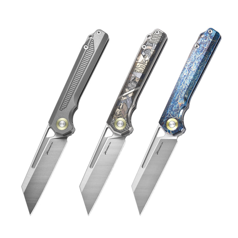 PioneerEDC 2026 Original Design Titanium Pocket Knife Straight Back Titanium Edc Folding Knife D2 Premium Titanium Blue Knife