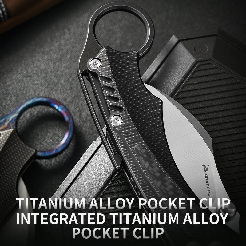 PioneerEDC TC4 Titanium Alloy Camping Folding Knife lighting blue Titanium knife with carbon fiber patch