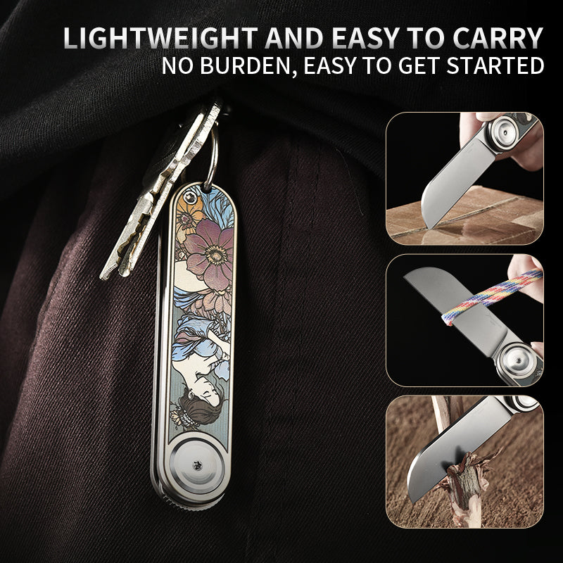 PioneerEDC Titanium Alloy Pocket Knife M390 Blade Folding Knife Pattern Colorful Titanium Carving Pattern Tactical Knife
