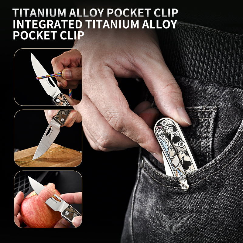 PioneerEDC Hand-Engraved titanium pocket knife M390 Blade camping folding knife outdoor portable edc collection tool for play