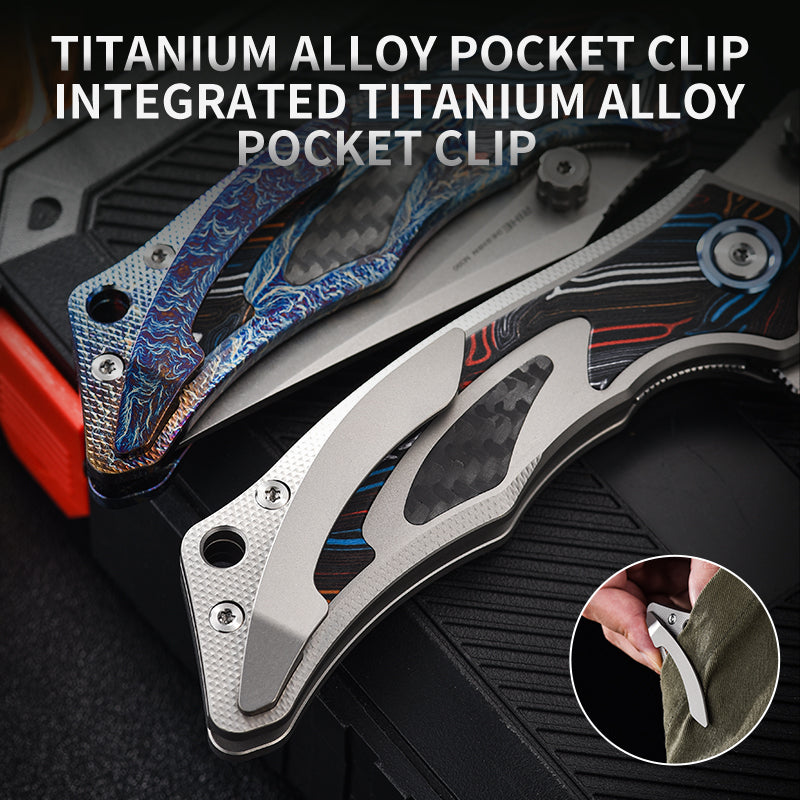 PioneerEDC Luxury Damascus G10 Patten Titanium Pocket Knife Hand Forged Finish Blade Titanium Tactical Knife for Camping