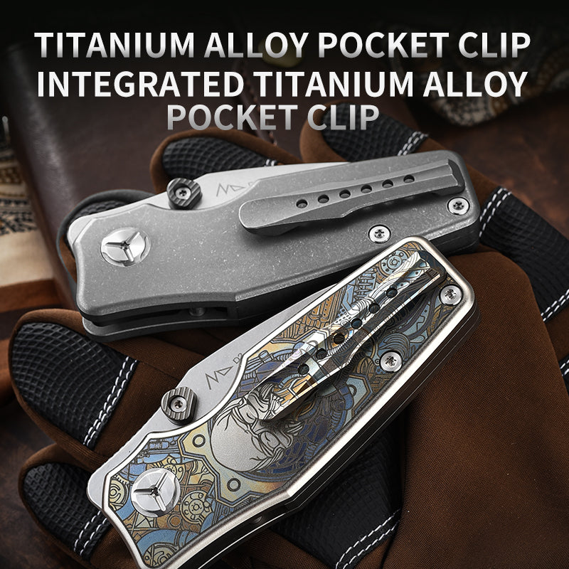 PioneerEDC TC4 Titanium Alloy Camping Folding Knife with D2 Clip Point Blade Small Tactical Pocket Knife