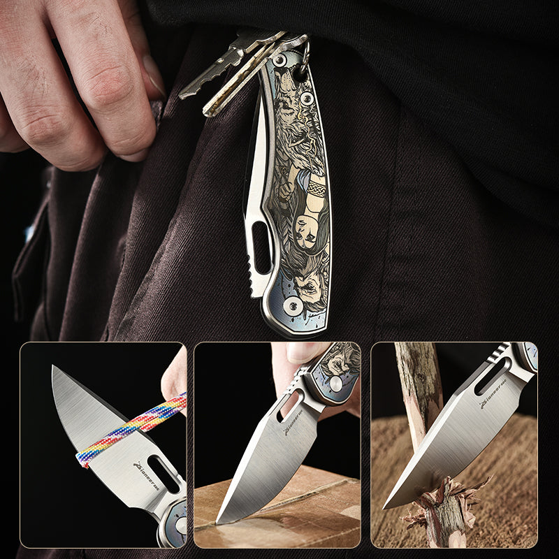 PioneerEDC Titanium Pocket Knife 14C28N Blade Customizable Outdoor Lightweight Camping Titanium Professional Knife Folding Knife