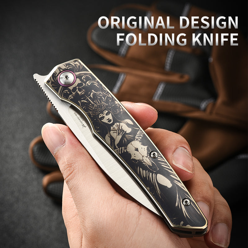 PioneerEDC Titanium Fold Knife M390 Folding Camping Knife Steel Handle Knife Titanium Frame Lock Knife Outdoor Tactical Knife