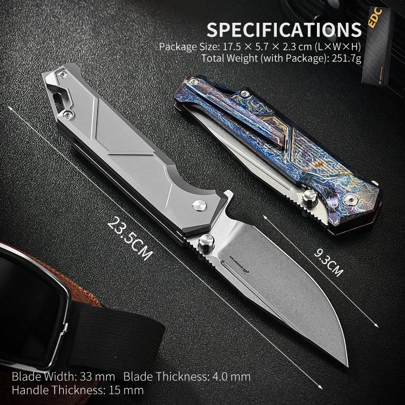 PioneerEDC Titanium Camping Stainless Pocket Knife Premium Folding Knife Plain Edge Self-Defense D2 Steel Folding Knife for Man