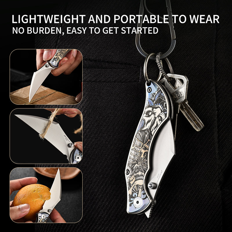 PioneerEDC Titanium Alloy M390 Folding Knife Color-Engraved Portable Outdoor Small Knife Stainless Steel Survival Knife