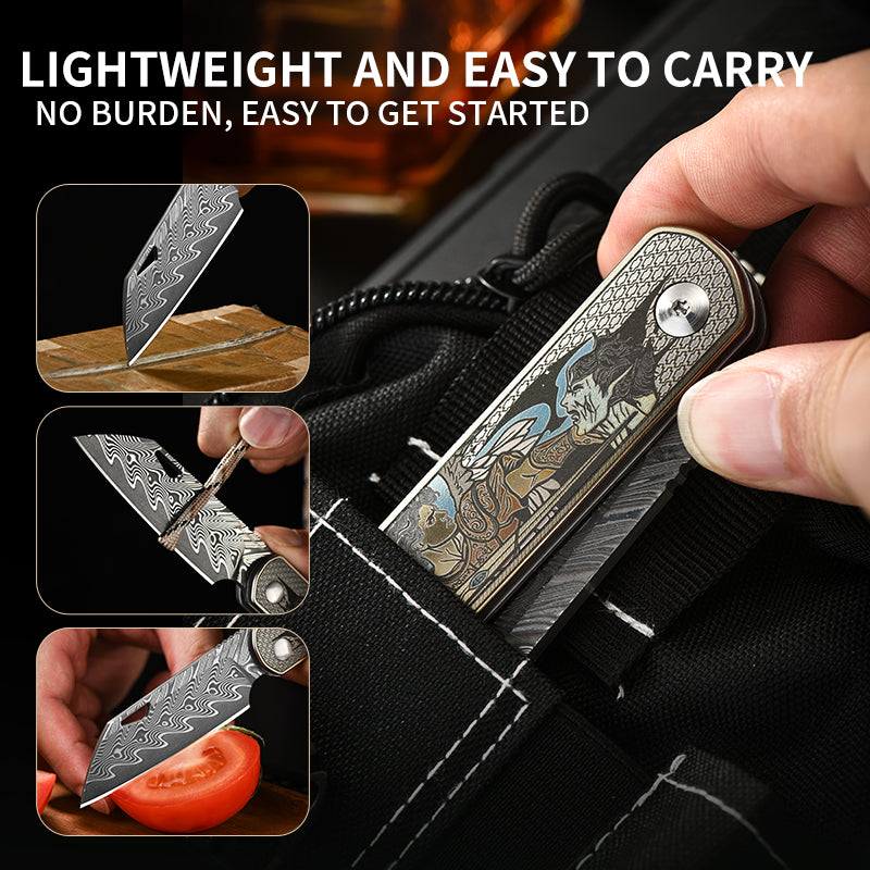 PioneerEDC Folding Knife TC4 Titanium Alloy Damascus Steel Knife Colorful Carving Portable Outdoor Folding Titanium Knives China