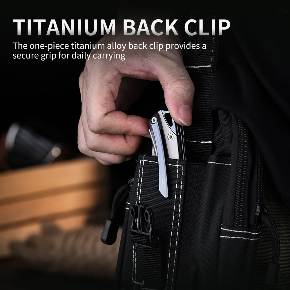 PioneerEDC Titanium Folding Knife Handmade Framelock Titanium Handle Knife Elmax Flipper Knife Titanium with Zirconium Patch