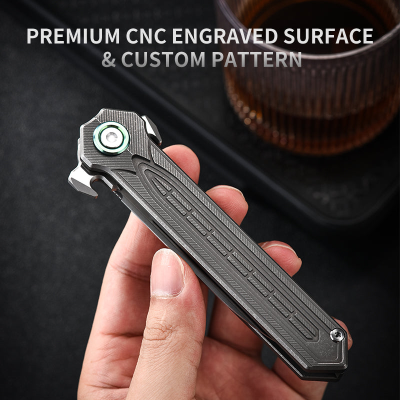 PioneerEDC Tactical Titanium Folding Knife-D2 Steel Blade Stone Wash EDC Pocket Knife 3-Year Warranty