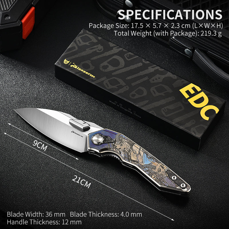 PioneerEDC Titanium Alloy Folding Knife-D2 Steel Blade, Box Cutter Utility Knife for Camping, Hiking & Everyday Carry