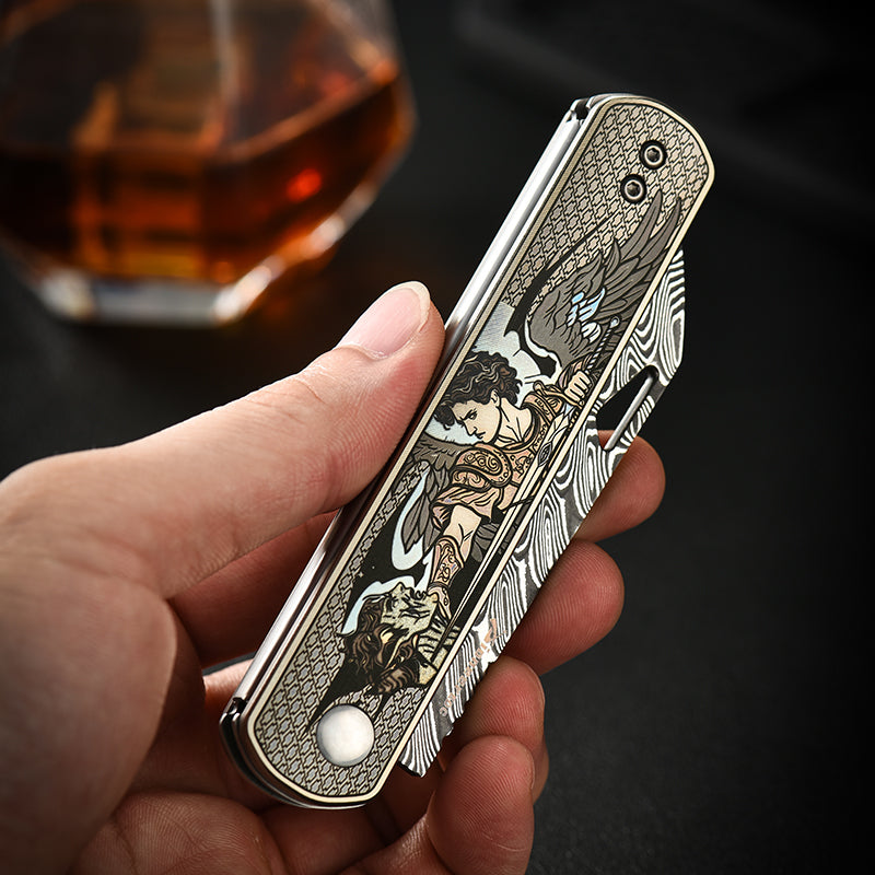 PioneerEDC Folding Knife TC4 Titanium Alloy Damascus Steel Knife Colorful Carving Portable Outdoor Folding Titanium Knives China