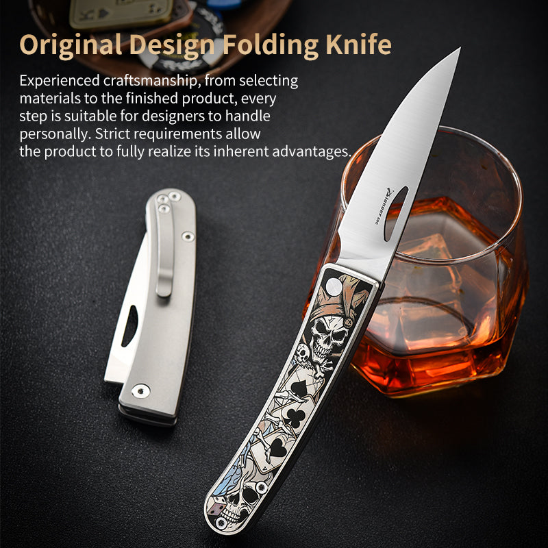 PioneerEDC Hand-Engraved titanium pocket knife M390 Blade camping folding knife outdoor portable edc collection tool for play