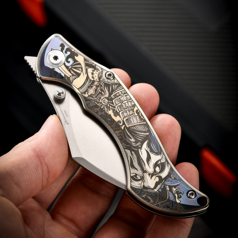 PioneerEDC Titanium Alloy M390 Folding Knife Color-Engraved Portable Outdoor Small Knife Stainless Steel Survival Knife
