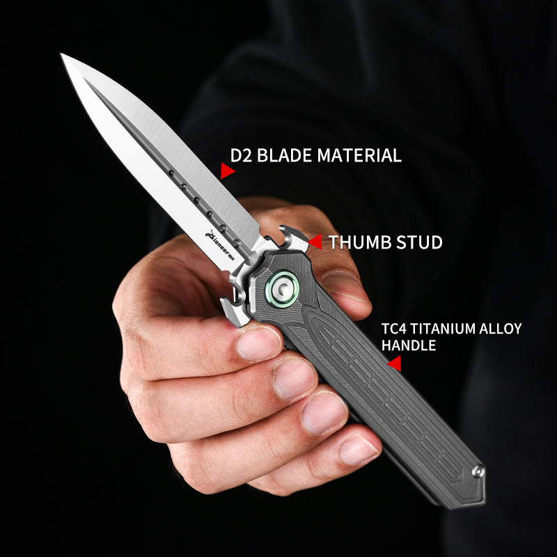 PioneerEDC Tactical Titanium Folding Knife-D2 Steel Blade Stone Wash EDC Pocket Knife 3-Year Warranty
