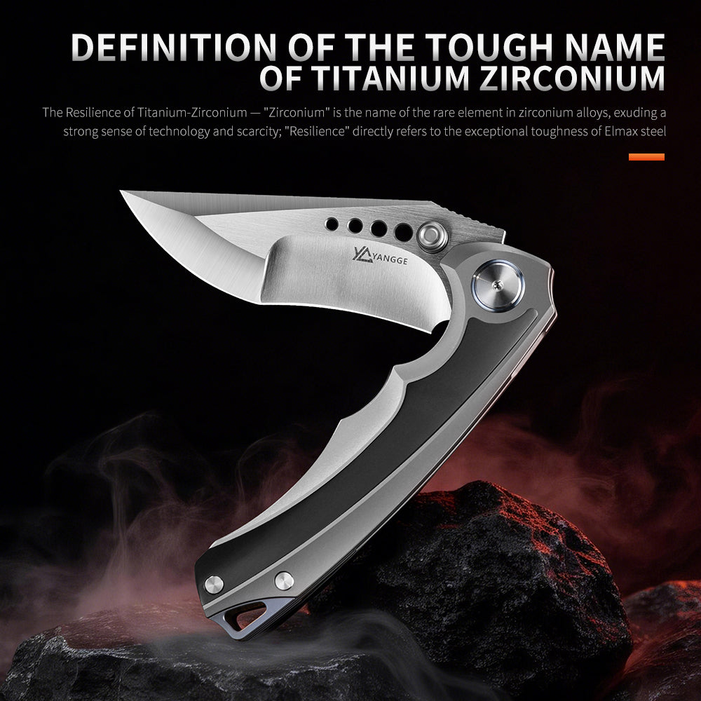 PioneerEDC Titanium Folding Knife Handmade Framelock Titanium Handle Knife Elmax Flipper Knife Titanium with Zirconium Patch