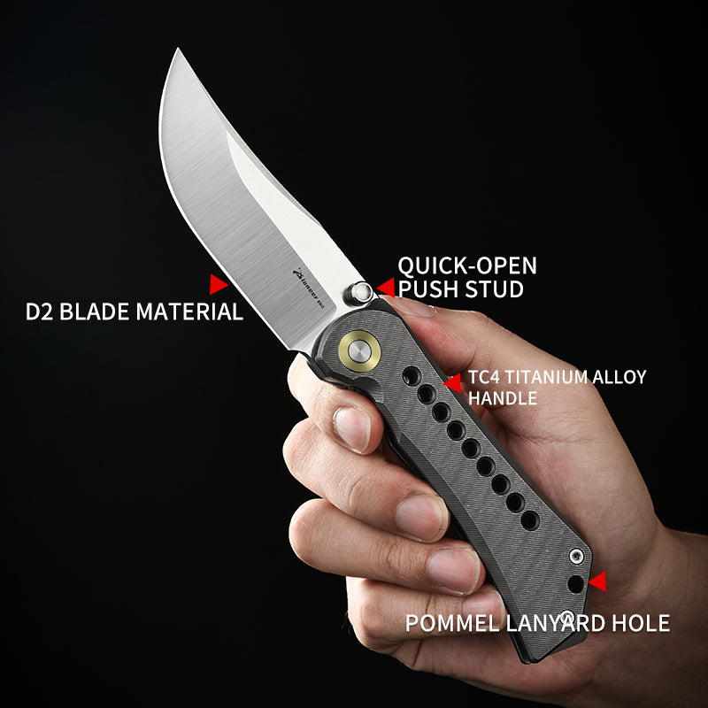 PioneerEDC Titanium Alloy Folding Knife Outdoor Multifunctional Cutting D2 Pocket Knife Plain Edge Knife for Self Defense