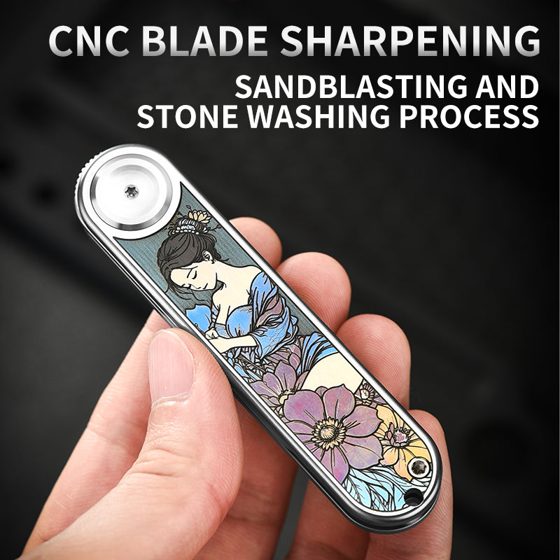 PioneerEDC Titanium Alloy Pocket Knife M390 Blade Folding Knife Pattern Colorful Titanium Carving Pattern Tactical Knife