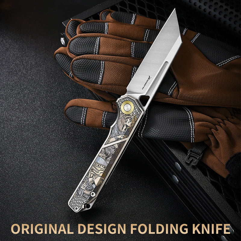 PioneerEDC 2026 Original Design Titanium Pocket Knife Straight Back Titanium Edc Folding Knife D2 Premium Titanium Blue Knife